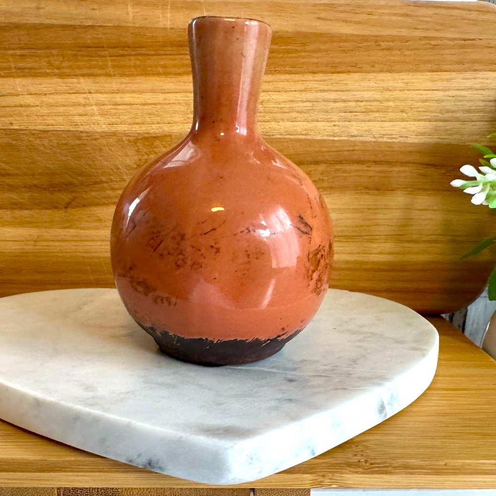 Vintage Stoneware Pottery 5” Pink & Brown Vase Flowers Crackled Glossy Finish